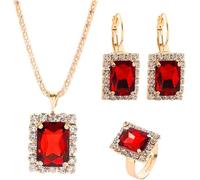 XFSRG 4 Pcs Rectangulaire Parure Bijoux Femme Collier Boucles d'Oreilles Bague Set Bijoux Femme Cristal Strass Élégant Ensemble Cadeau Mariage Fiançailles Anniversaire Fête (Rouge)