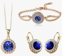 XFSRG 4 Pcs Rond Parure Bijoux Femme Cristal Bracelet Brillant Boucles d'Oreilles Strass Collier Ensemble Accessoires Mode Elégant Cadeau Mariage Anniversaire Fête (Bleu)