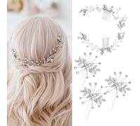 XFSRG 4 Pièces Accessoires Cheveux Mariage Perle Bijoux Accessoires de Cheveux en Cristal Peigne Mariage Ornés de Feuilles Mariée Broche Pince Chignon pour Femme Fille Soirée (Argent)