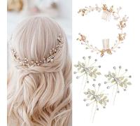 XFSRG 4 Pièces Accessoires Cheveux Mariage Perle Bijoux Accessoires de Cheveux en Cristal Peigne Mariage Ornés de Feuilles Mariée Broche Pince Chignon pour Femme Fille Soirée (Or)