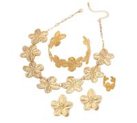 XFSRG 4 Pièces Bijoux Femme Élégant Fleur Collier Bracelet Boucles d'Oreilles Bague Set Mode Ajustable Parure Cadeau pour Mariage Soirée (Or #1)
