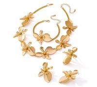 XFSRG 4 Pièces Bijoux Femme Élégant Fleur Collier Bracelet Boucles d'Oreilles Bague Set Mode Ajustable Parure Cadeau pour Mariage Soirée (Or #2)