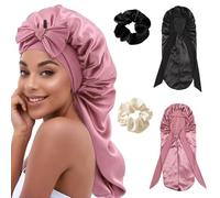 XFSRG 4 Pièces Bonnet Satin Cheveux Nuit et Élastiques Chouchous Cheveux avec Extra Longue Réglable Bandes pour Longs Cheveux Bouclés Tresse(Noir + or rose)