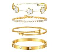 XFSRG 4 Pièces Bracelet Femme Trèfle Chanceux Acier Inoxydable Bracelets Réglable avec Zircone Cubique Cadeau pour l'Anniversaire Noël Saint Valentin(Blanc)