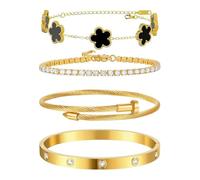XFSRG 4 Pièces Bracelet Femme Trèfle Chanceux Acier Inoxydable Bracelets Réglable avec Zircone Cubique Cadeau pour l'Anniversaire Noël Saint Valentin(Noir)