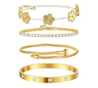 XFSRG 4 Pièces Bracelet Femme Trèfle Chanceux Acier Inoxydable Bracelets Réglable avec Zircone Cubique Cadeau pour l'Anniversaire Noël Saint Valentin(Or)