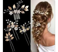 XFSRG 4 Pièces Broche Cheveux Mariage Perle Bijoux Accessoires de Cheveux en Cristal Peigne Mariage Ornés de Feuilles Mariée Broche Pince Chignon pour Femmes (Or)