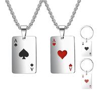 XFSRG 4 Pièces Collier et Porte Clés Cartes à Jouer Créatives Colliers pour Couple Acier Inoxydable Accessoires de Bijoux