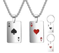 XFSRG 4 Pièces Colliers Carte à Jouer et Porte Clés Pendentif à Jouer Rectangulaire Collier Carte de Poker As Pique Collier As de Cœur Ensemble Bijoux Couple