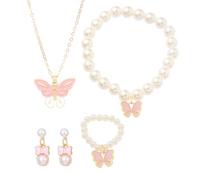 XFSRG 4 Pièces Ensemble Bijoux Papillon Perle Bracelet Bague Boucles D'oreilles Collier Pendentif Élégant Accessoire Femme Fille
