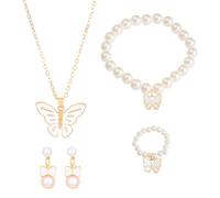 XFSRG 4 Pièces Ensemble Bijoux Papillon Perle Bracelet Bague Boucles D'oreilles Collier Pendentif Élégant Accessoire Femme Fille