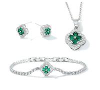 XFSRG 4 Pièces Ensemble de Bijoux Trèfle à Quatre Feuilles Parure Collier Bracelet Boucles D'oreilles Bijoux Trèfle à Quatre Feuilles Femme (Argent + Vert)