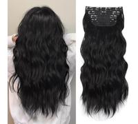 XFSRG 4 Pièces Extension de Cheveux à Clip 60 cm Longueur avec Cheveux Synthétiques Ondulés et Clips Pratiques pour Volume Instantané et Look Naturel (Noir)
