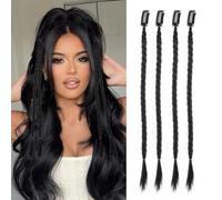 XFSRG 4 Pièces Extensions de Tresses Naturelles Postiche Tressé Long et Ondulé pour Femmes Look Bohème et Chic pour Toutes Occasions (Noir)