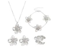 XFSRG 4 Pièces Parure Bijoux Fleurs Ensemble Femme Collier Boucles D'oreilles Parure de Fleurs avec Motif Floral pour Femmes et Filles Bijoux Fantaisie Élégants (Argent)