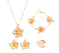 XFSRG 4 Pièces Parure Bijoux Fleurs Ensemble Femme Collier Boucles D'oreilles Parure de Fleurs avec Motif Floral pour Femmes et Filles Bijoux Fantaisie Élégants (Or)