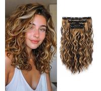 XFSRG 4PCS Extension à Clip Cheveux Naturel Bouclés Extension de Cheveux Synthétiques Bouclés Ondulés Clip pour Femmes (Marron clair)
