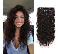 XFSRG 4PCS Extension à Clip Cheveux Naturel Bouclés Extension de Cheveux Synthétiques Bouclés Ondulés Clip pour Femmes (Marron foncé)