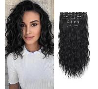 XFSRG 4PCS Extension à Clip Cheveux Naturel Bouclés Extension de Cheveux Synthétiques Bouclés Ondulés Clip pour Femmes (Noir)