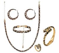 XFSRG 5 Pièces Bijoux Femme Imprimé Léopard Boucles d'Oreilles Bagues Bracelets Colliers Bijoux de Mode Sexy