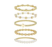 XFSRG 5 Pièces Bracelet en Cristal de Roche Femme Perles Dorées Bijoux Extensible Bracelet Empilable Pierre Naturelle Accessoire Mode(Or-2)