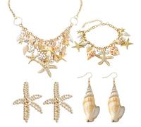 XFSRG 5 Pièces Ensemble Parure de Bijoux Sirène Collier Coquillages et Perles Pince à Cheveux Étoile Mer Conque Coquillage Boucles d'Oreilles Bracelet Bijoux Boho pour Plage