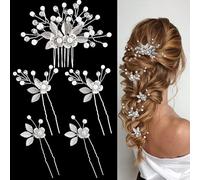 XFSRG 5 Pièces Epingle a Cheveux Mariage Ornés de Feuilles Peignes à Cheveux de Mariée Accessoires de Cristal pour Mariées et aux Demoiselles D'honneur (Argent)