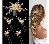 XFSRG 5 Pièces Epingle a Cheveux Mariage Ornés de Feuilles Peignes à Cheveux de Mariée Accessoires de Cristal pour Mariées et aux Demoiselles D'honneur (Or)