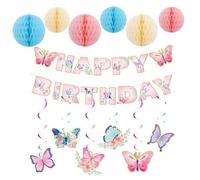XFSRG 5 Pièces Kit Décoration Anniversaire Papillon Bannière Anniversaire Boules Nid d’Abeille Multicolore Suspensions Spirales Thème Papillons Célébration