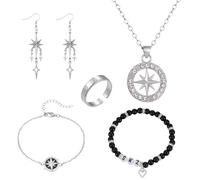 XFSRG 5 Pièces Parures pour Femme Stray Boussole Collier SKZ Bracelet Bague et Boucles Ensemble Élégante Bijoux Cadeau Article de Fan Stray pour STAY