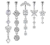 XFSRG 5 Pièces Piercing Nombril Acier Inoxydable Pendentif Percing Au Nombril Argenté Coeur Papillon Anneau e Nombril Bijoux pour Toutes Occasions