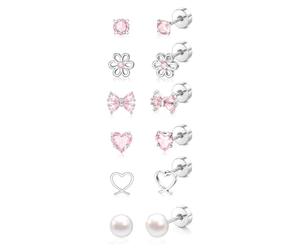 XFSRG 6 Paires Boucle d'Oreille Fille en Argent Hypoallergéniques Boucles d'Oreilles Papillon Fleur Perle Cœur Zircone Flatback Boucle Doreilles Cadeaux pour Enfant (Ensemble 2)