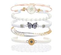XFSRG 6 Pièces Bracelets D'amitié Bracelets Corde Tressée Réglable avec Papillon Marguerites Tournesol Pendentifs Bijoux Floraux pour Femmes et Filles (Blanc)