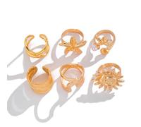 XFSRG 6 Pièces Ensemble De Gros Anneaux Dorés Pour Femmes En Plaqué Or 14k Comme Bagues Dômes Épaisses Tendances À Porter Superposées Ou Séparément Looks Élégants Motif Soleil (Or)