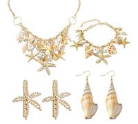 XFSRG 6 Pièces Parure Bijoux Femme Étoile de Mer Coquillage Perles Ensemble Femme Collier Multicouche Bracelet Multicouche Bijoux Superposés Plage Été