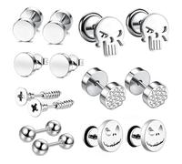 XFSRG 7 Paires Boucles d'Oreille Homme Tête de Mort Boucles d'Oreilles Argent Noir en Acier Inoxydable Hypoallergénique Piercing Oreille Punk Bijoux pour Hommes Femmes (Argent)