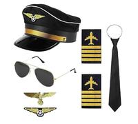 XFSRG Accessoires de Costume de Pilote Kit Costume de Capitaine avec Epaulettes Rayures Chapeau de Pilote Casquette Badge Lunettes pour Fête de Carnaval Cosplay