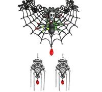XFSRG Accessoires Gothique Halloween Femme Collier et Boucles d'Oreilles Araignée Squelette Dentelle Rouge Noir Ensemble Bijoux d'Halloween