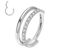 XFSRG Anneau Double en Titane G23 avec Zircons Piercing Nez Anneaux et Boucle d'Oreille Hypoallergénique Charnière Invisible Bijoux pour Hommes et Femmes (Argent-2)