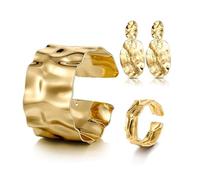 XFSRG Bijoux Femme 3 Pièces Bracelet Bague et Boucles d’Oreilles en Doré 18K Plaqué Finition Plissée Métallique pour Événements Fashion et Occasions Spéciales (Or)