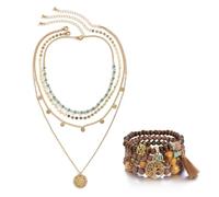 XFSRG Bijoux Femme Ensemble Collier et Bracelets Parures pour Femme en Or et Perles Turquoises Style Bohème Élégant Accessoires Mode pour Toutes Occasions (Marron)