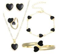 XFSRG Bijoux Femme Parure Coeur Noir en Or Collier Bracelet Boucles d'Oreilles et Bague Élégance et Raffinement pour Toutes Occasions (Noir)