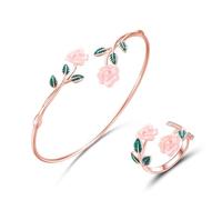 XFSRG Bijoux Femme Rose Ensemble Bracelet et Bague Ensemble 2 Pièces Bracelet, Bague en Acier Inoxydable, Parures Cadeau pour Anniversaire, Saint-Valentin(rose)