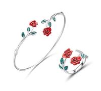 XFSRG Bijoux Femme Rose Ensemble Bracelet et Bague Ensemble 2 Pièces Bracelet, Bague en Acier Inoxydable, Parures Cadeau pour Anniversaire, Saint-Valentin(argent)