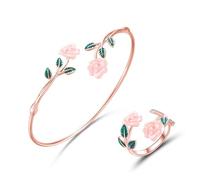 XFSRG Bijoux Femme Rose Ensemble Bracelet et Bague Ensemble 2 Pièces Bracelet Bague en Acier Inoxydable Parures Cadeau pour Anniversaire Saint-Valentin