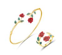 XFSRG Bijoux Femme Rose Ensemble Bracelet et Bague Ensemble 2 Pièces Bracelet, Bague en Acier Inoxydable, Parures Cadeau pour Anniversaire, Saint-Valentin(Or)