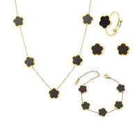 XFSRG Bijoux Femme Trèfle à Quatre Feuilles Porte-Bonheur, 18k Plaqué Ensemble Collier, Bracelet, Bague, Boucles d'Oreilles Parures Cadeau pour Anniversaire, Saint-Valentin(Noir)