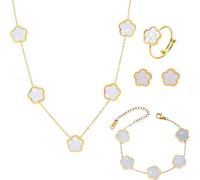 XFSRG Bijoux Femme Trèfle à Quatre Feuilles Porte-Bonheur, 18k Plaqué Ensemble Collier, Bracelet, Bague, Boucles d'Oreilles Parures Cadeau pour Anniversaire, Saint-Valentin(Blanc)