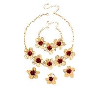 XFSRG Bijoux Parure Femme 4 PCS Fleurs en Métal avec Détails de Rose Rouge Collier Boucles d’Oreilles Bague et Bracelet Coordonnés Élégants Raffinés pour Événements Festifs
