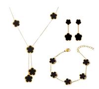 XFSRG Bijoux Trèfle À Quatre Feuilles Set Bijoux Parure Plaqué Or 18 Carats Quatre Feuilles Collier Boucles d’oreilles Bracel Pour Femme Filles De Mariage(Noir)
